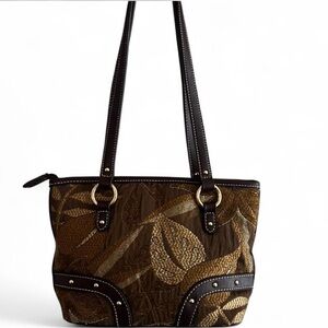 Etienne Aigner Brown Leaf-Pattern Embroidered Bag with Leather Accents